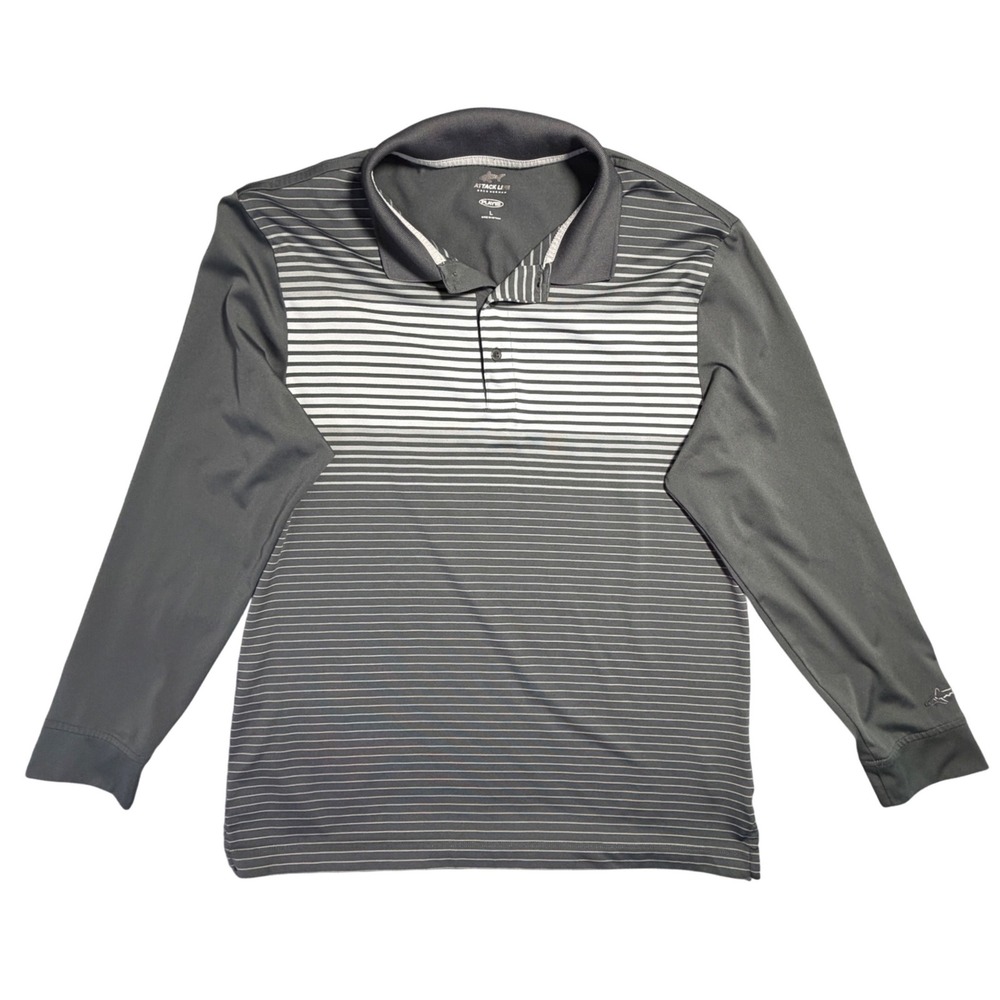 Attack Life Mens‎ Large Grey Striped Long Sleeve Play Dry Golf Polo Athleisure